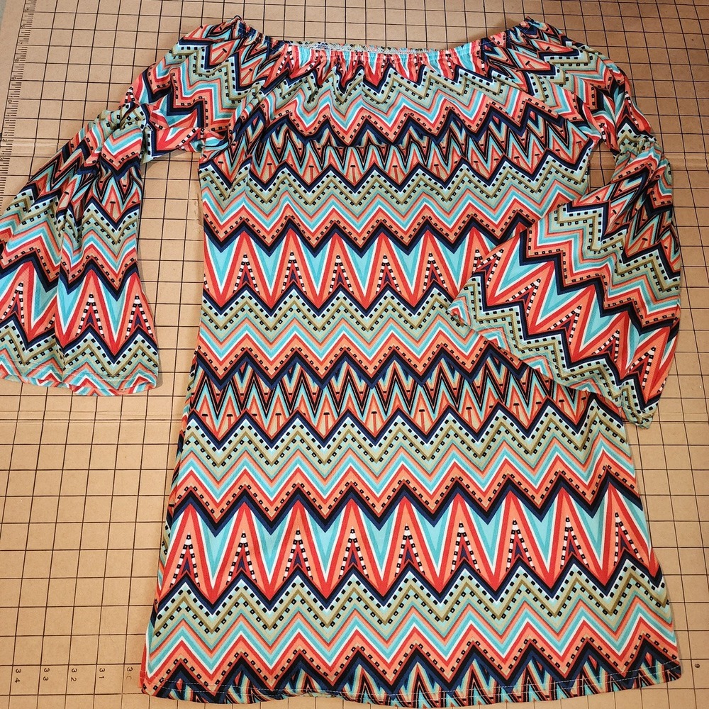 West Loop Womens Small Teal Orange Chevron Bell Sleeve Boho Tunic Top Mini Dress